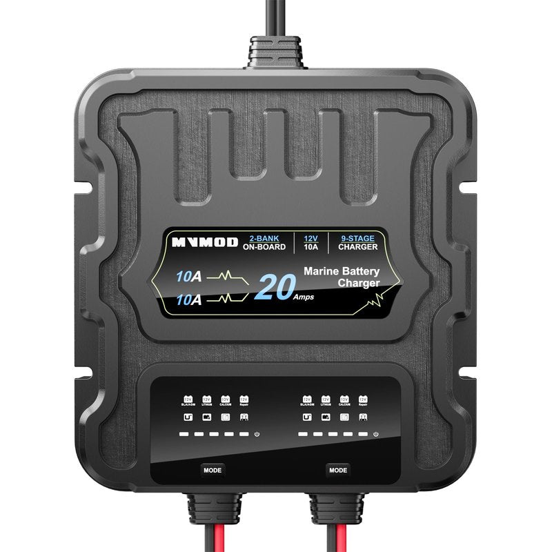 MVMOD 2 Bank Marine Battery Charger, 20A (10A/Bank) 12V IP68 Waterproof Lithium Onboard Battery Charger for SLA/AGM, Lithium(LiFePO4), Calcium Batteries