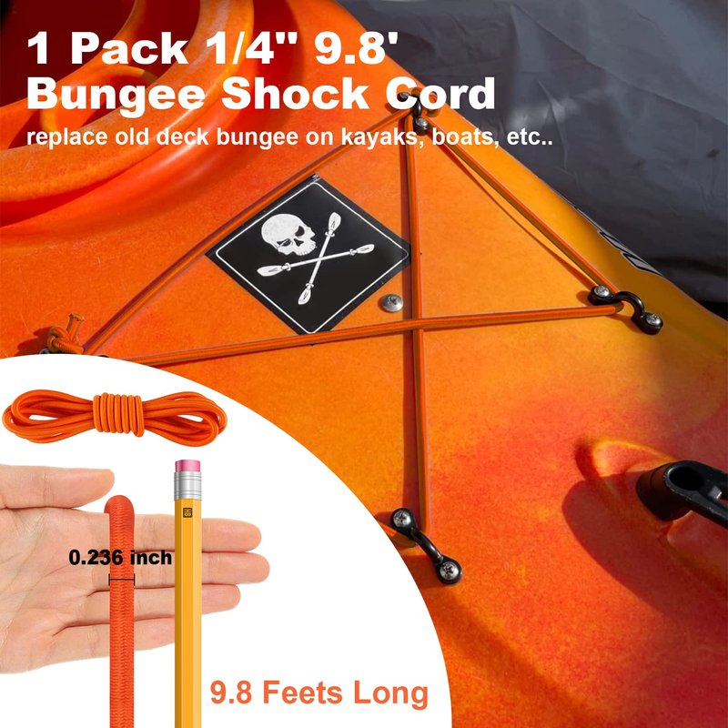 Kayak Deck Rigging Kit 1/4" 9.8' Bungee Cord with 6 D Rings& 4 J Hooks Tie Down Hooks& 4 Bungee Shock Cord Hooks,Tie Down Kayak Deck Line Repair Replacement Parts for Kayak Boat Canoe Accessory-Orange