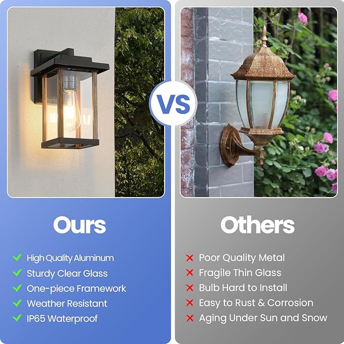 Outdoor Wall Sconce, Outside Porch Light Fixtures, Wall Mount Anti-Rust Exterior Wall Lights in Wood Grain Finish & Black Finish with Clear Glass for Garage Doorway Entryway