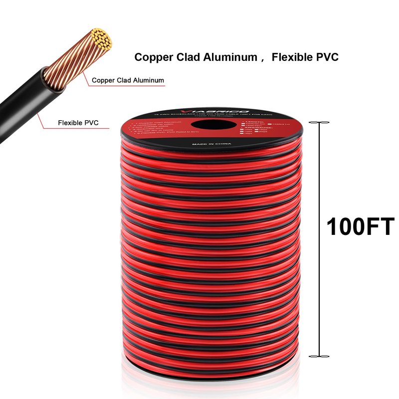 VIABRICO 12Gauge 100FT Electrical Wire Cable 2 Conductors Red Black Cable Hookup LED Lighting Strips Flexible Extension Cord 12AWG Copper Clad Aluminum 12V/24V DC 30.5M