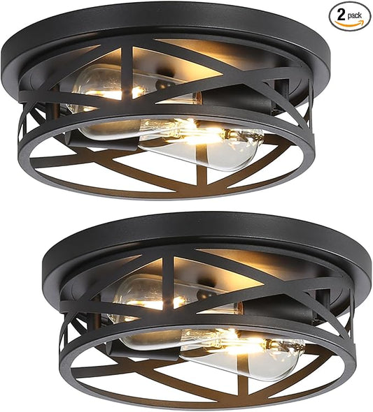 2-Pack Close to Ceiling Light Fixtures, 11 Inch Farmhouse Flush Mount Ceiling Light 2-Lights, Black Industrial Metal Cage Semi Flush Mount Ceiling Light for House Hallway Kitchen Bedroom