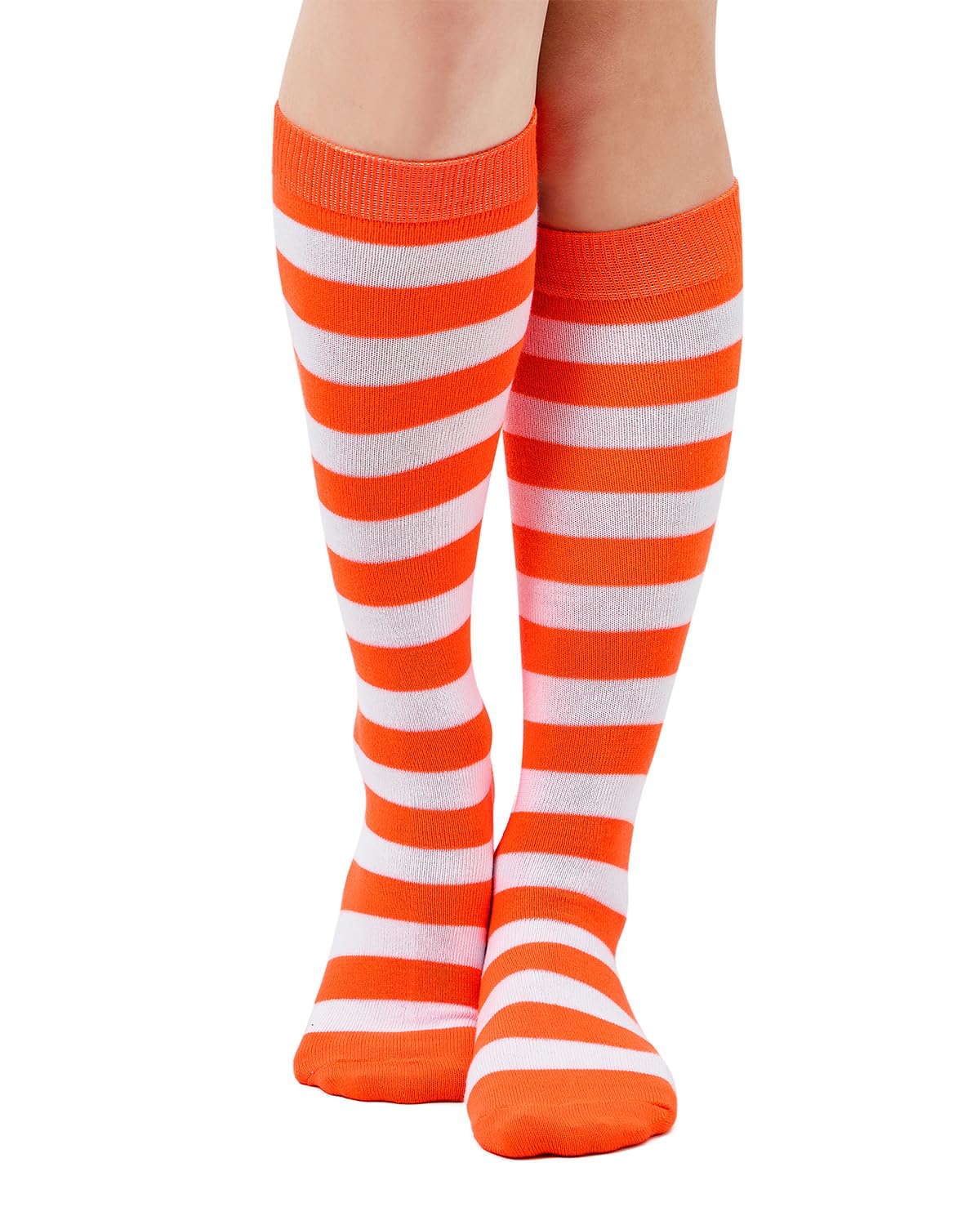 Century Star Orange and White Knee High Striped Socks-Long Tube Tall Socks for Women