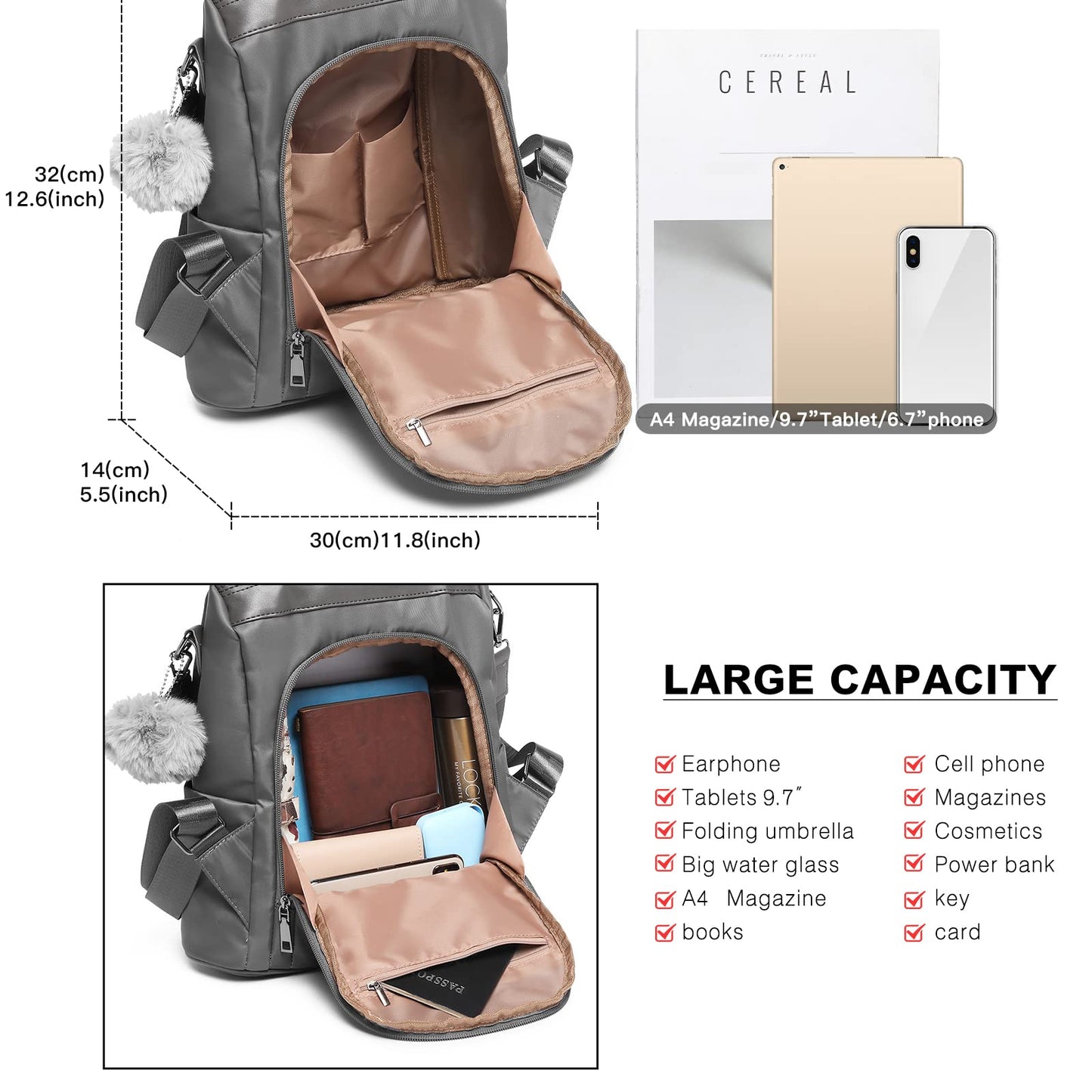Miss Lulu Women Backpack Leisure Ladies Rucksack Water-Resistant Nylon School Bags Anti-Theft Daypack Shoulder Bag (grey)
