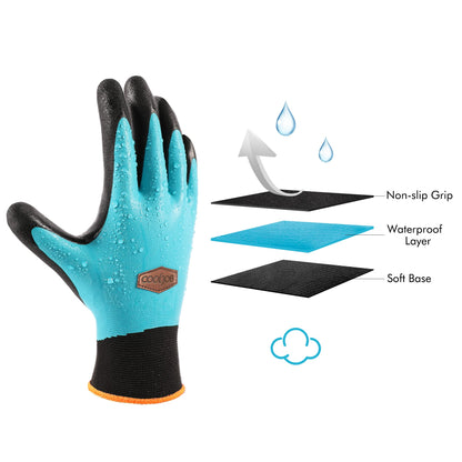COOLJOB Waterproof Gardening Gloves for Women & Men, 2 Pairs Grip Double Latex Coated Work Gloves with Grip for Motorcycle, Car Washing, Blue & Black, Medium Size (2 Pairs M)