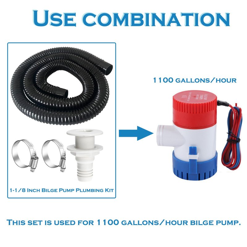 maierke 1-1/8 Boat Bilge Pump Hose Kit,1-1/8 Dia 6 FT Kink-free PVC Hose,1-1/8 Inch ABS Thru-Hull Fitting,2PCS Stainless Steel Hose Clamps for Boat Marine