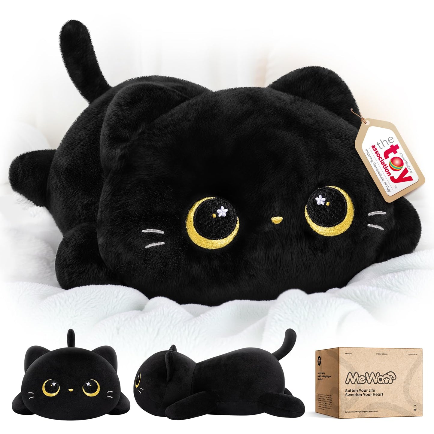 Mewaii Black Cat Plush Pillow - Cute Cat Plushie Body Pillow, Soft Kawaii Plush Toy for Cuddling, Napping & Room Decor - 13 Inch Stuffed Animal Gifts for Women, Girls, Kids