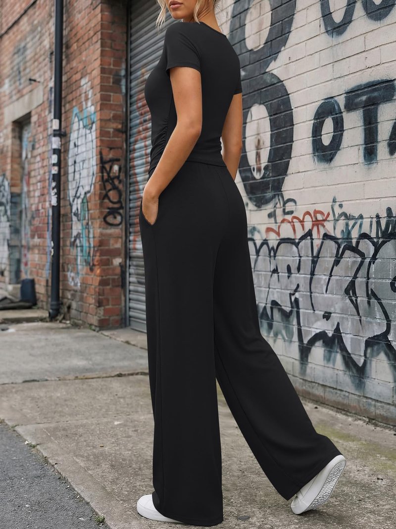 Trendy Queen Womens 2 Piece Sets Lounge Matching Set Cruise Casual Vacation Outfits Summer Airport Workout Gym Clothes Spring Fashion 2026 Teen Girl Wide Leg Pants Athletic Travel Tops Black M