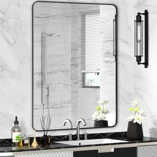 Black Metal Framed Bathroom Mirror for Wall, Large Brushed Matte Black Rounded Corner Rectangular Bathroom Vanity Mirror, Anti-Rust, Tempered Glass (28" x 36", Black)