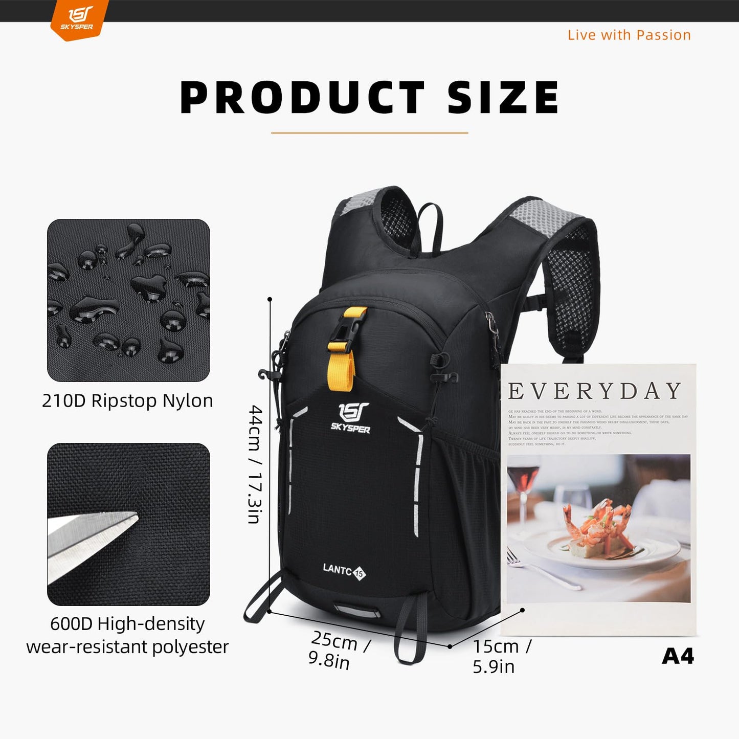 SKYSPER Small Hiking Backpack - 15L Travel Backpack Lightweight Bag Water Resistant Walking Backpack for Women Men