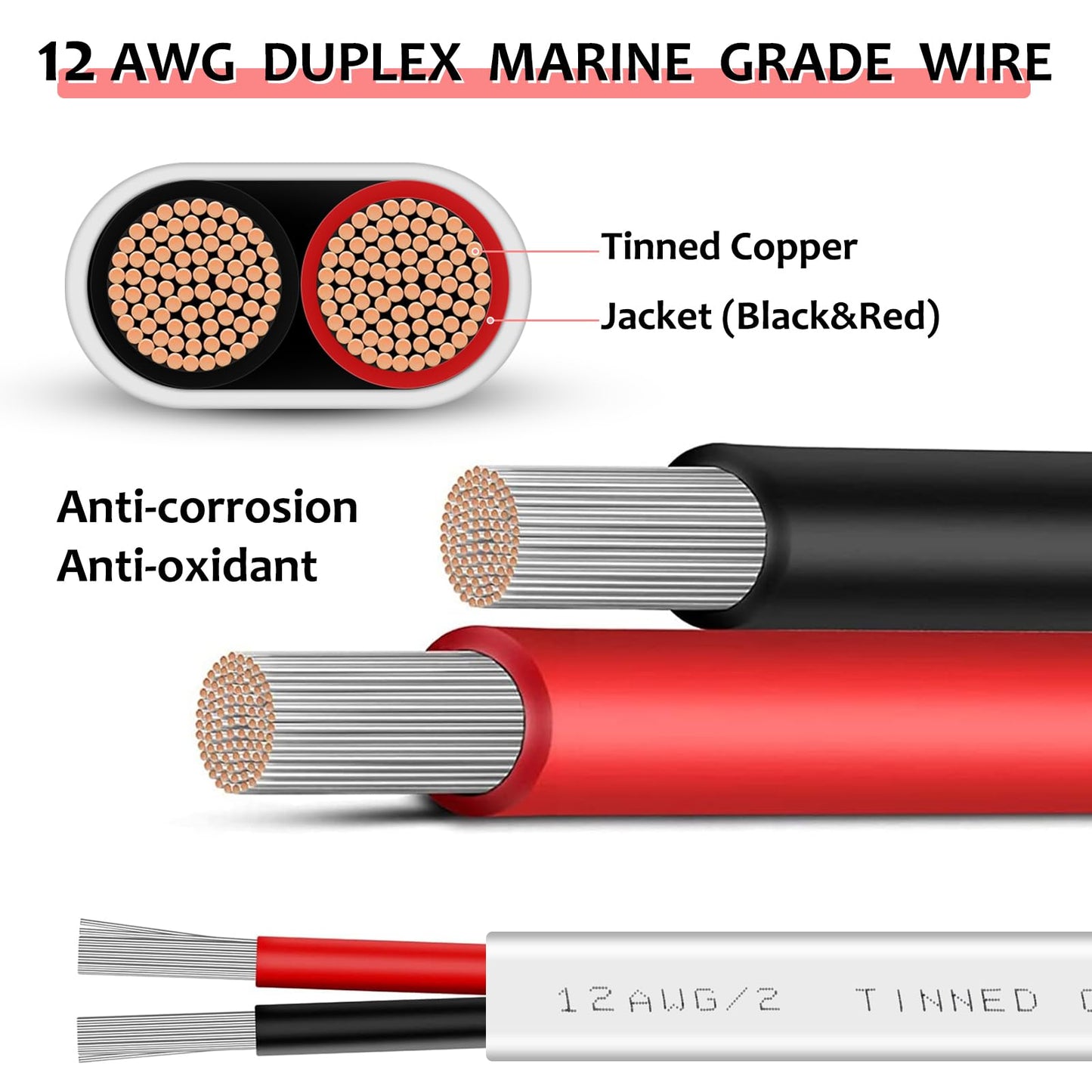 ATXXSCD 12 Gauge 30ft Marine Wire,2 Core Insulated Duplex Marine Grade Wire Tinned Copper Standard Electrical Wire Outdoor for Boat/Maine/Automotive/RV/Camper/Trailer, White