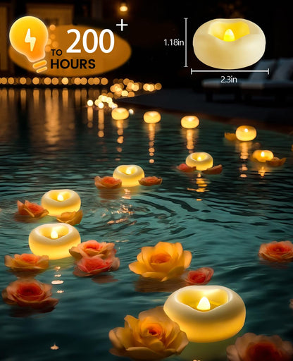 24 x 2”Floating Candle, 200 Hour Water Activated Warm White Battery Powered Flameless LED Floating Candle Floating for centerpieces/Bathtub/Pool/Fountain