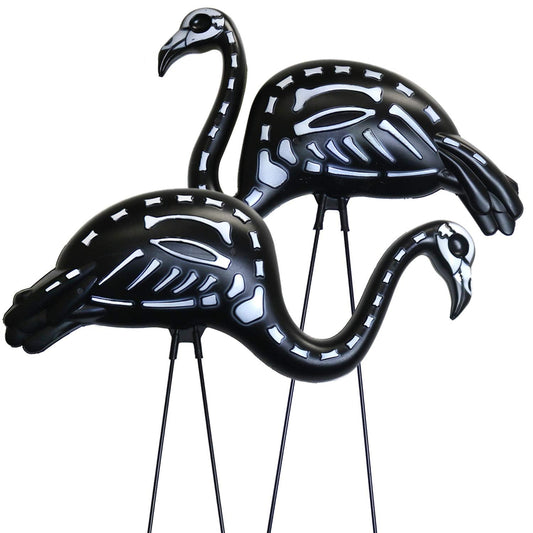 GIFTEXPRESS 2-Pack Halloween Black Flamingo Skeleton, Zombie Flamingos, Skull Flamingo with Stakes for Halloween Lawn Ornaments, Spooky Graveyard Decorations