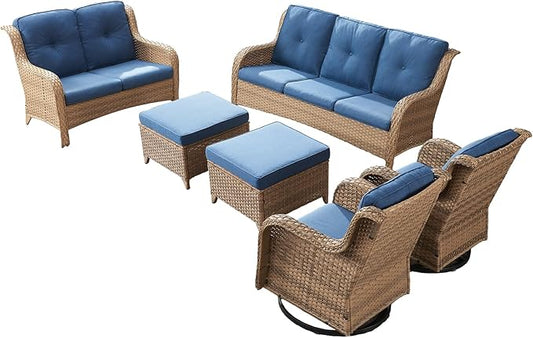 Rilyson Patio Furniture Swivel Chairs Set - 6 Piece Wicker Rattan Outdoor Sectional Conversation Sets with 2 Rocking Swivel Chairs,2 Ottomans,1 Sofa and 1 Loveseat for Porch Deck(Yellow/Blue)