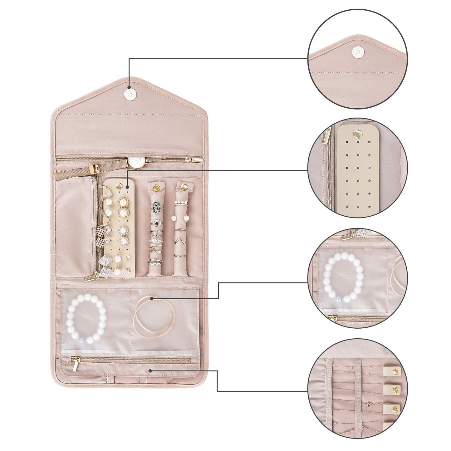 bagsmart Travel Jewellery Organiser, Foldable Jewelry Storage Roll for Journey-Rings, Necklaces, Bracelets, Earrings, (Medium-Pink)