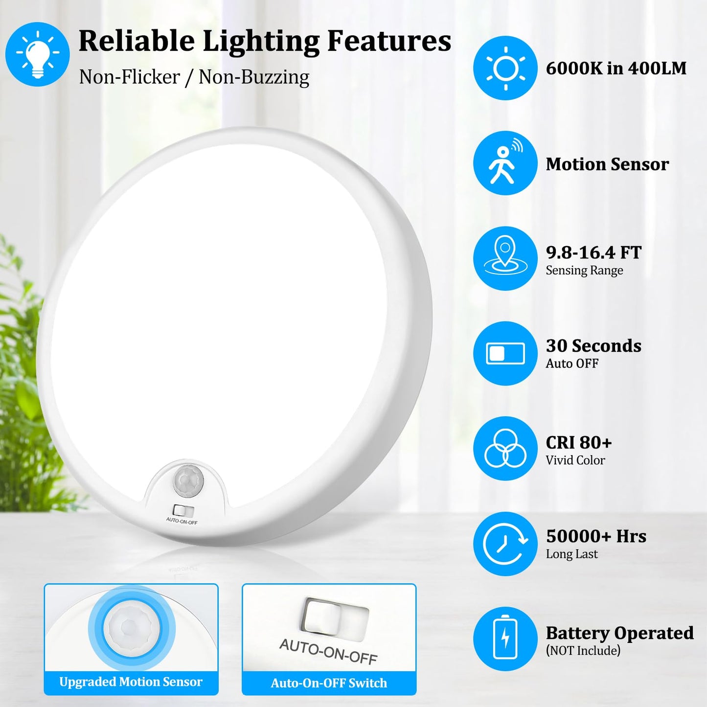 2-Pack Motion Sensor LED Ceiling Light Battery Operated, 7.2inch Flush Mount Light Fixture 6000K, Wireless Motion Activated Ceiling Lamp in 300LM for Closet Pantry Laundry Stair(Battery Not Included)