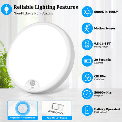 2-Pack Motion Sensor LED Ceiling Light Battery Operated, 7.2inch Flush Mount Light Fixture 6000K, Wireless Motion Activated Ceiling Lamp in 300LM for Closet Pantry Laundry Stair(Battery Not Included)