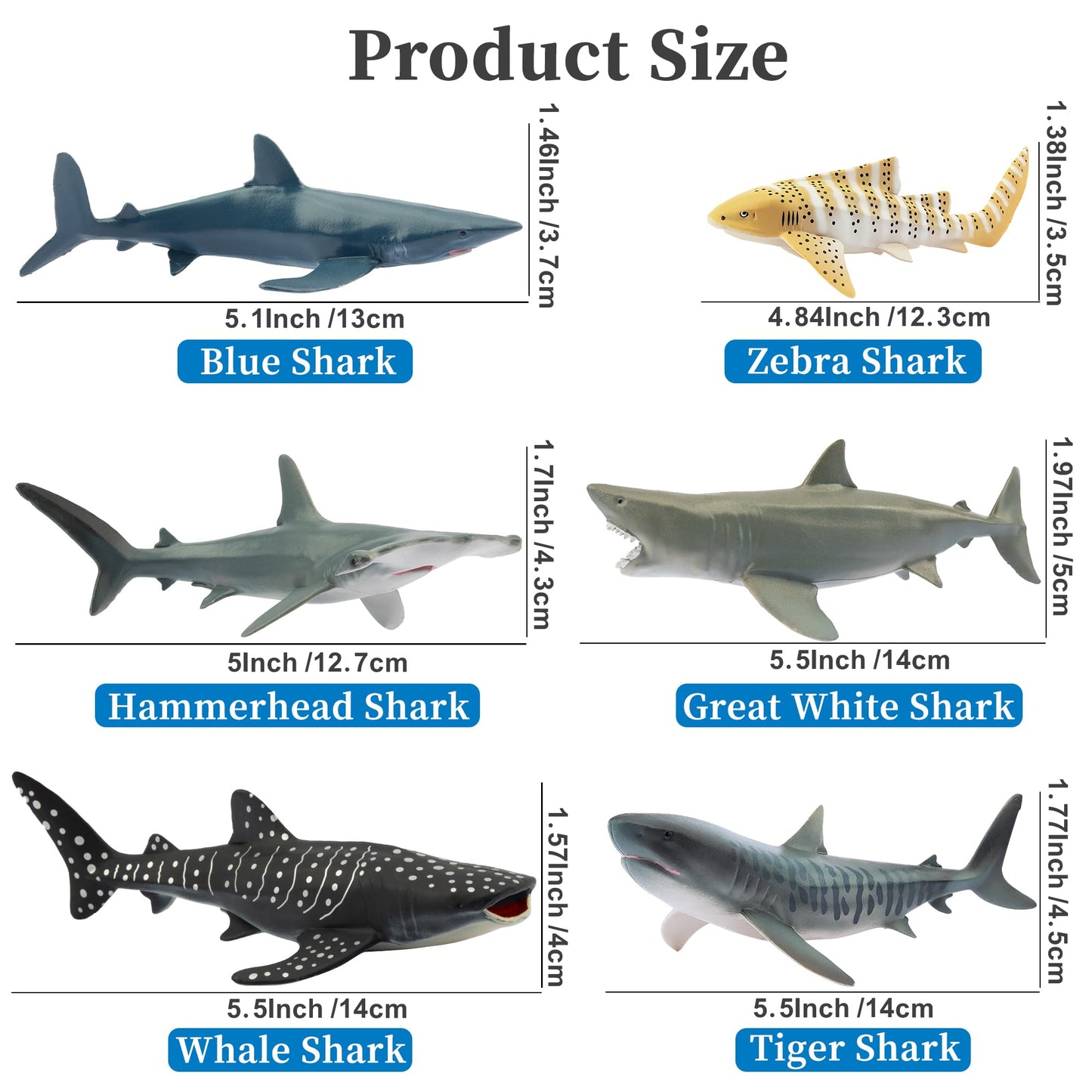 toymany 6PCS 12-14CM Realistic Shark Bath Toy Figurines, Plastic Ocean Sea Animals Figures Set Includes Whale, Tiger, Great White Shark, Cake Toppers Christmas Birthday Gift for Kids Toddlers