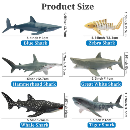 toymany 6PCS 12-14CM Realistic Shark Bath Toy Figurines, Plastic Ocean Sea Animals Figures Set Includes Whale, Tiger, Great White Shark, Cake Toppers Christmas Birthday Gift for Kids Toddlers