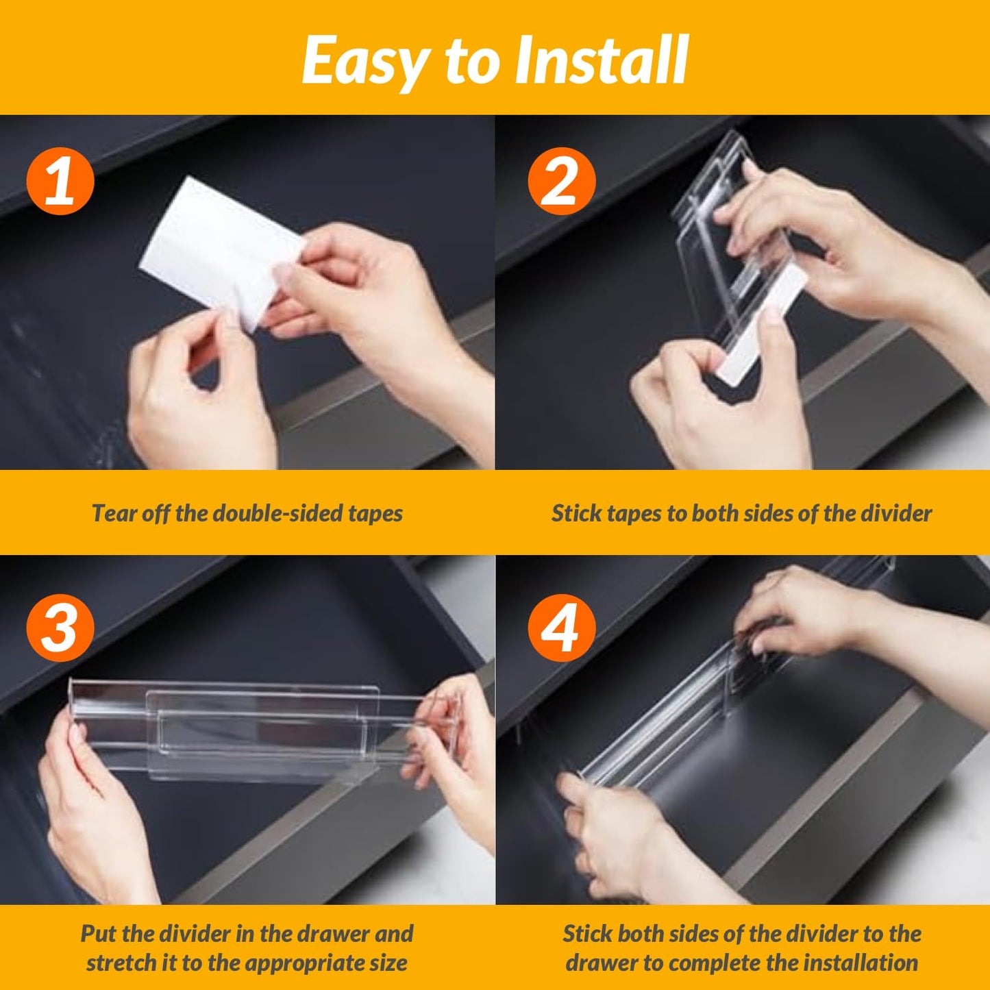 Hormes Drawer Dividers, 9 Pack Adjustable Clear Drawer Organisers, Expandable 29–55cm and 8cm High Drawers Separators for Bedroom Clothing, Kitchen Utensils, Bathroom & Office Organization and Storage