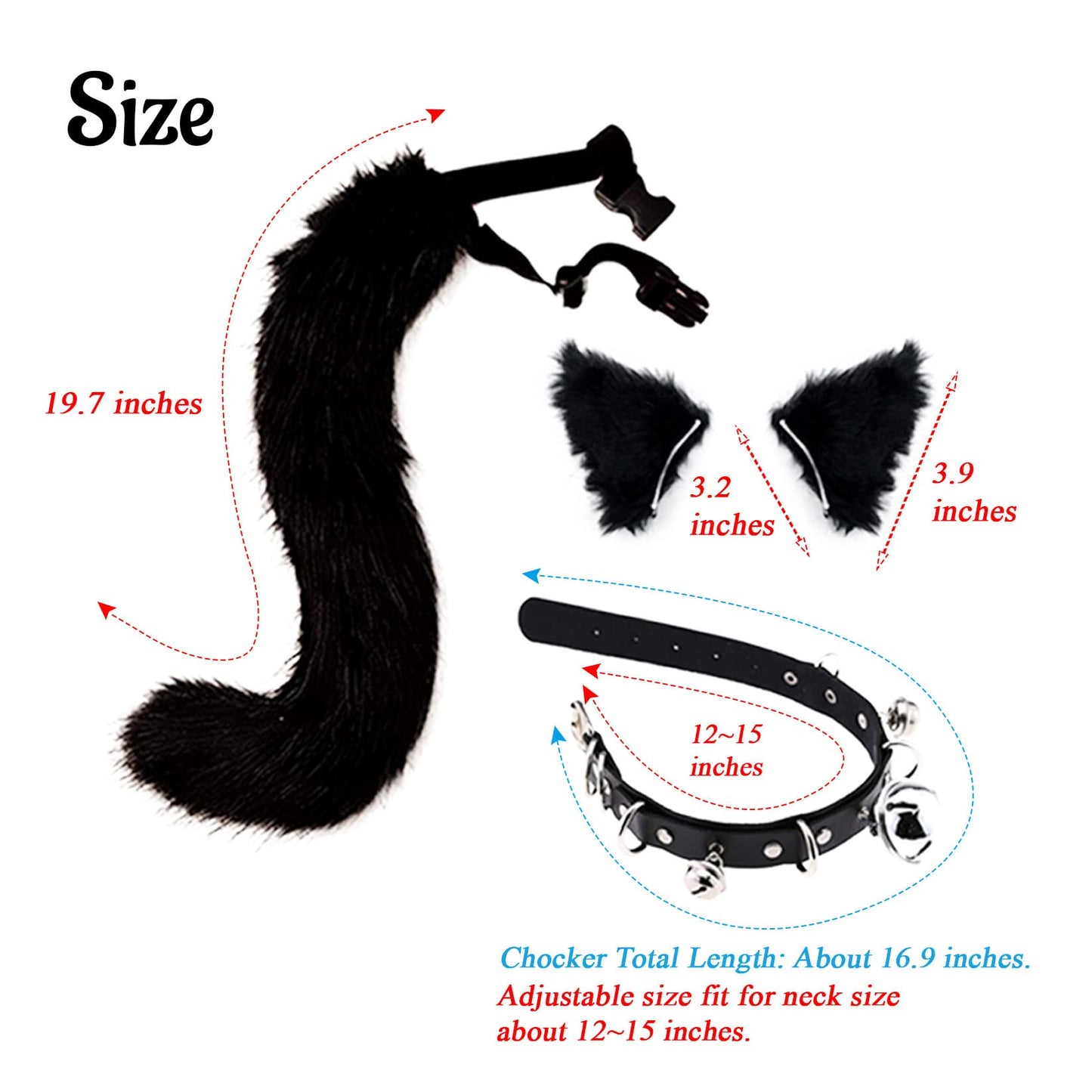 Faux Fur Cat Ears Hair Clip Furry Wolf Fox Long Tail Costume Halloween Party Neck Chocker Cosplay Set (Black)