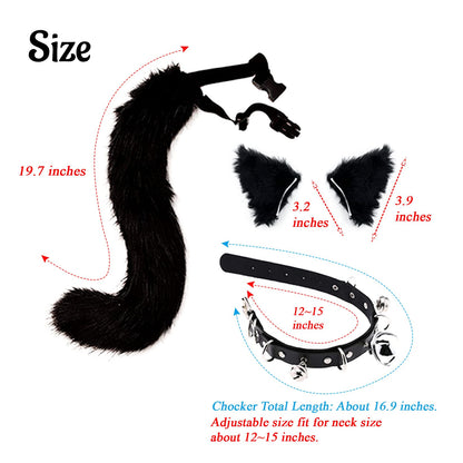 Faux Fur Cat Ears Hair Clip Furry Wolf Fox Long Tail Costume Halloween Party Neck Chocker Cosplay Set (Black)
