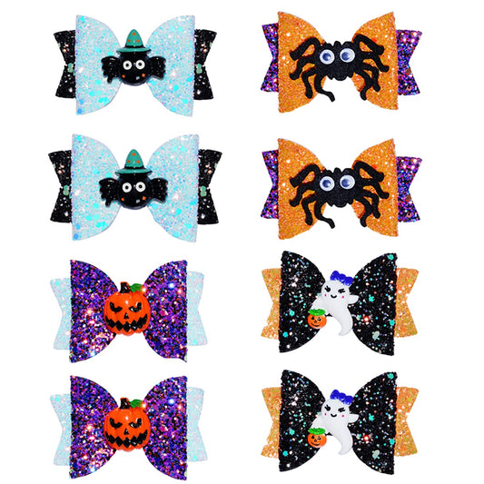 Haakong 8Pcs Halloween Hair Accessories Headdress Halloween Glitter Bows Spider Hair Clip Pumpkin Hair Bow Ghost Hair Barrette Glitter Hair Clip Girls Party Dance Hair Barrettes