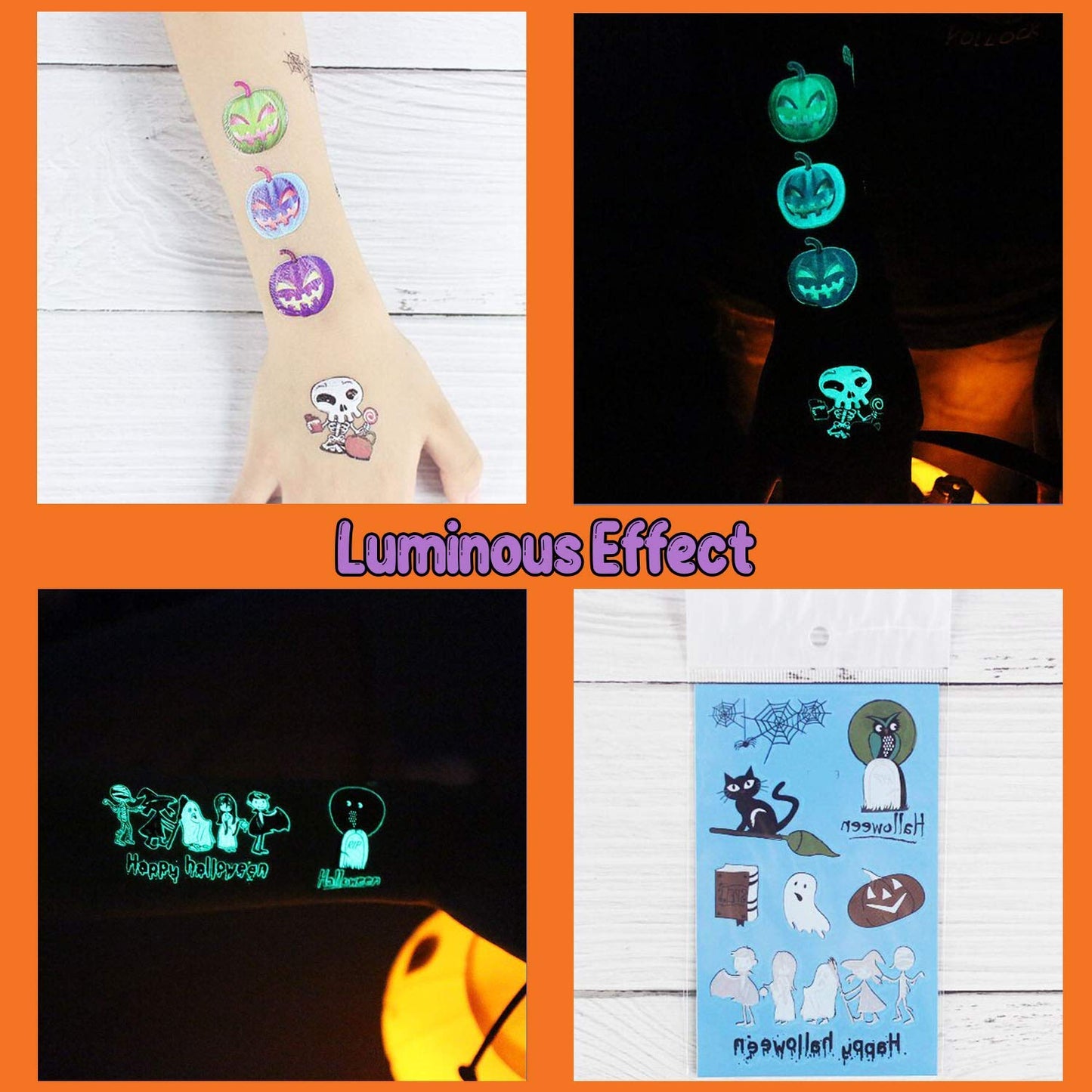 Partywind 10 Sheets Luminous Halloween Temporary Tattoos for Kids, Glow Halloween Decorations Birthday Party Favors Supplies, Halloween Fake Tattoos Goodie Bag Fillers Games Accessories for Party