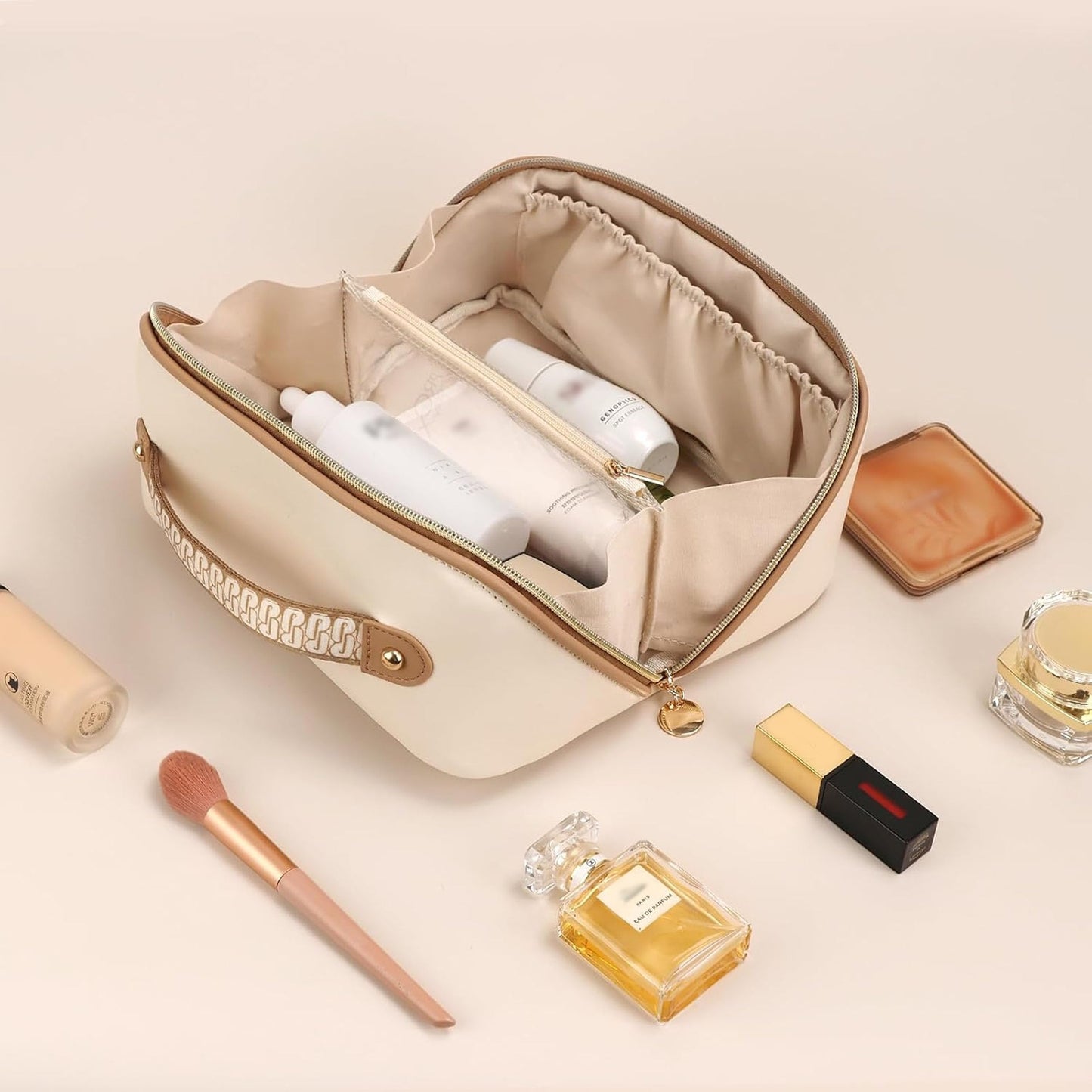 Prite Large Capacity Makeup Bag Portable Travel Cosmetic Bag Waterproof Toiletry Case with Clear Divider and Handle (Beige)