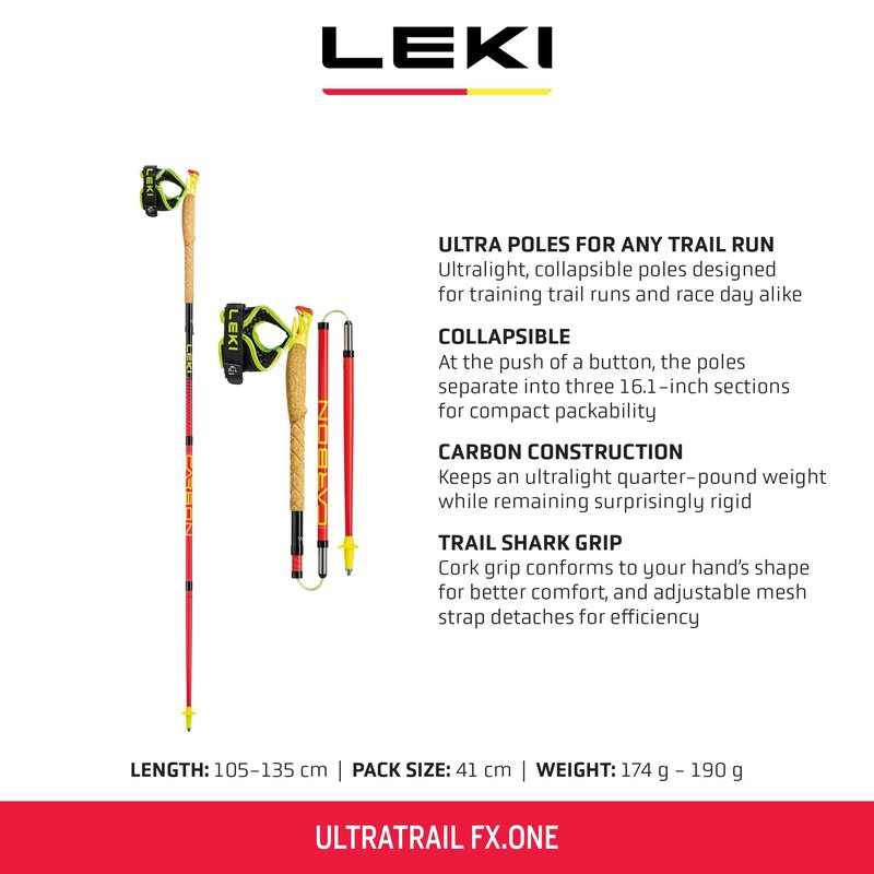 LEKI Ultratrail FX.One Carbon Collapsible Lightweight Trekking Poles for Hiking & Trail Running - Red-Black - 105 cm