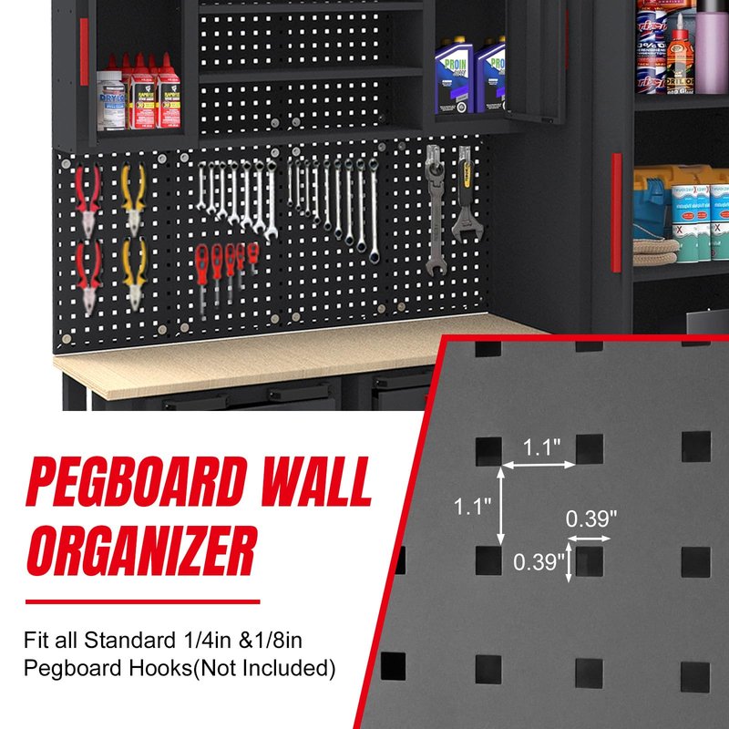 Torin Garage Storage Cabinets System, 6-Pcs Workshop Cabinet Set in Black, Included Steel Cabinets Drawers Rolling Chest and Pegboard,Locked Garage Storage Cabinet