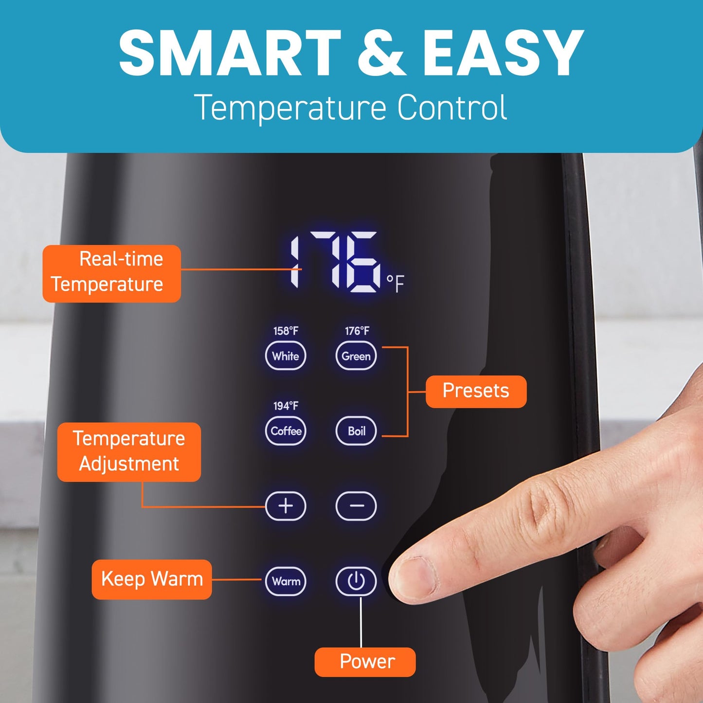 Elite Gourmet EKT8717 1.7L Dual Wall Cool Touch Electric Tea Kettle, Borosilicate Glass, 304 Stainless Steel Interior, Programmed Digital Touchscreen, Keep Warm, Auto Off & Audible Indicator, Black