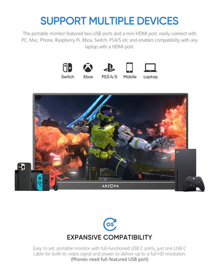 ARZOPA Portable Monitor, 15.6" 1920×1080 FHD IPS Portable Monitor for Laptop with Kickstand, Ultra-Slim Second Screen for Laptop/PC/Mac/PS3/4/5/Xbox - USB C & HDMI Connectivity - A1