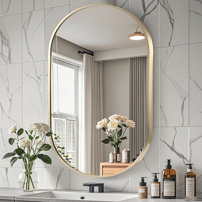 17x30 inch Oval Bathroom Mirror, Gold Vanity Wall Mirror with Brushed Metal Frame, Oval Mirrors for Bathroom, Entryway, Over Sink, Living Room