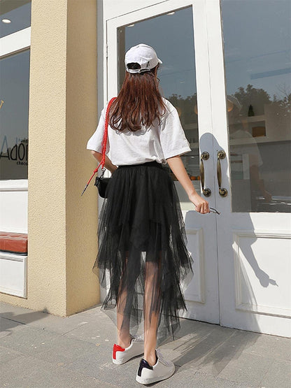 Reaowazo Tulle Skirts for Women Midi Long Fairy Skirt Tutu A-Line Mesh Layered High Elastic Waist Halloween Skirts Black One Size