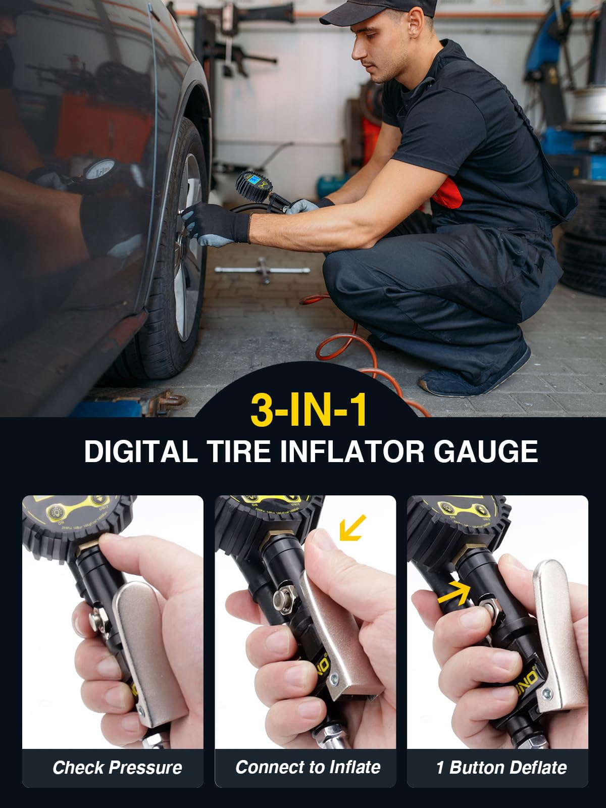 AZUNO Digital Tire Inflator with Pressure Gauge, 200 PSI, Heavy Duty Air Compressor Accessories, Comes with a Portable Carrying Box