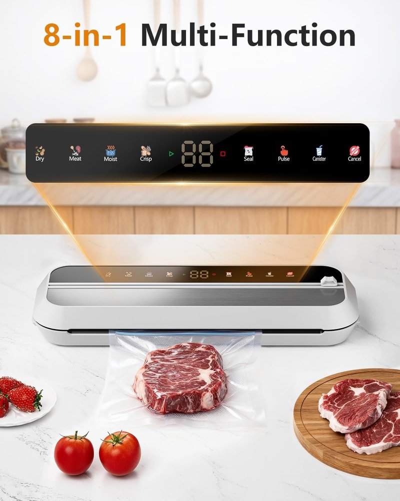 JIMYIU Vacuum Sealer, 8-in-1 Vacuum Sealer For Food, 100W, Digital Timer, Moist&Dry Mode and External VAC for Containers, Built-in Cutter & 10 Vacuum Bags （White）