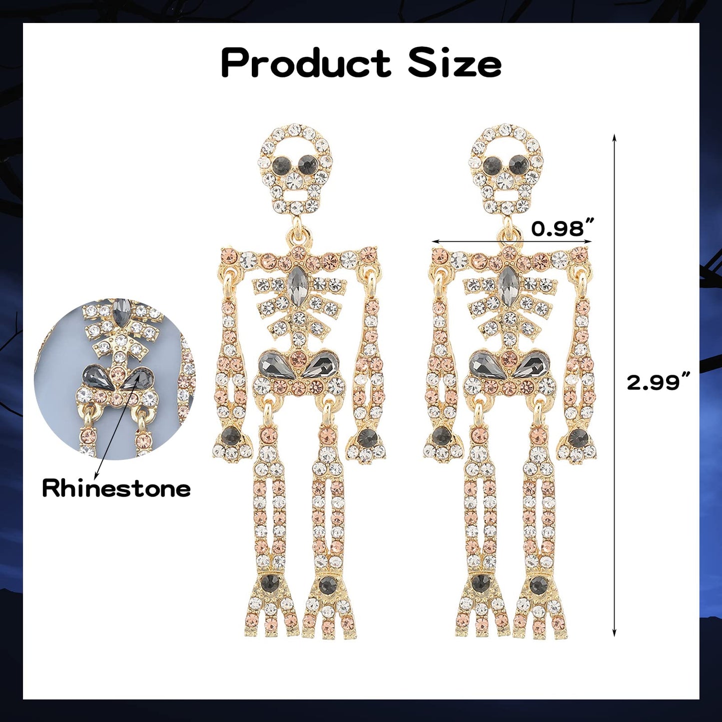 Halloween Earrings Spooky Skull Skeleton Dangle Earrings for Women Bling Rhinestone Crystal Punk Gothic Jewelry Halloween Accessories Gifts