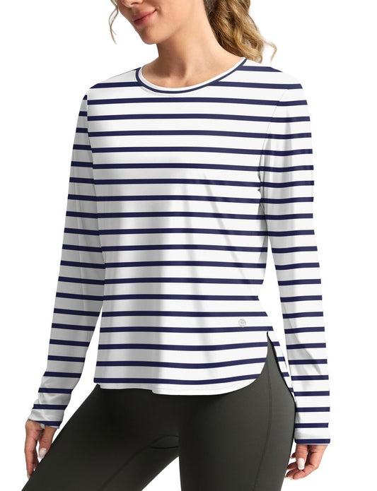 Women's Sun Shirts UPF 50+ Long Sleeve UV Protection Shirt Lightweight Quick Dry Workout Hiking Tops for Women(White/Deep Sea Stripe,XXXL)