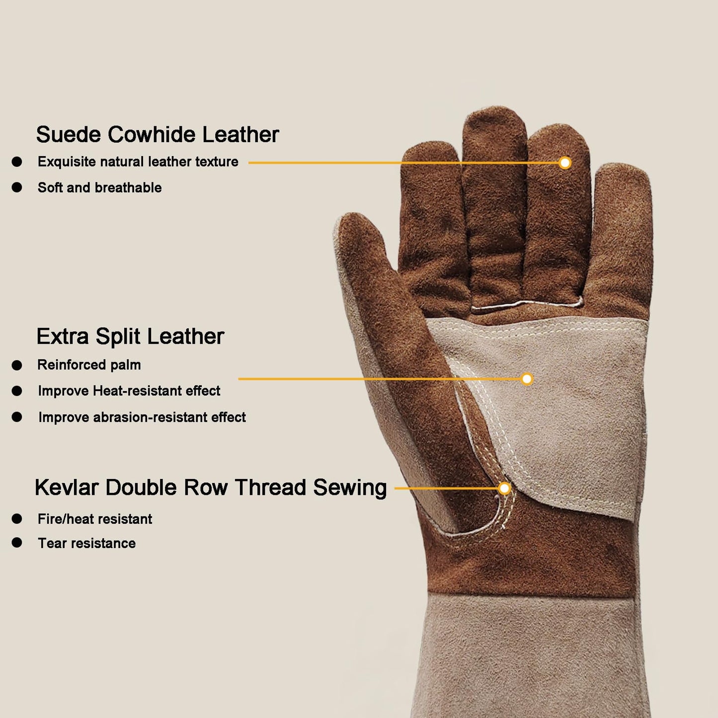 AOUCHI Leather Welding BBQ Fire Gloves, Fireproof Heat-Resistant Long Sleeve Mitts for TIG/MIG, Log Wood Burners, Firefighting, Barbecue, Fireplace, Oven, Stove, Grill, Animal Handling (Medium)