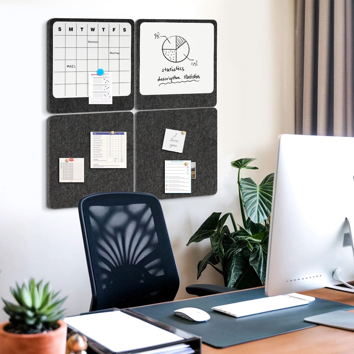 DOLLAR BOSS Felt Bulletin Board & Magnetic Whiteboard Calendar Combo 4 Pcs 12" X 12" Cork Board Dry Erase Board for Wall Frameless Combination Board with Pins Wall Decor for Home School Office