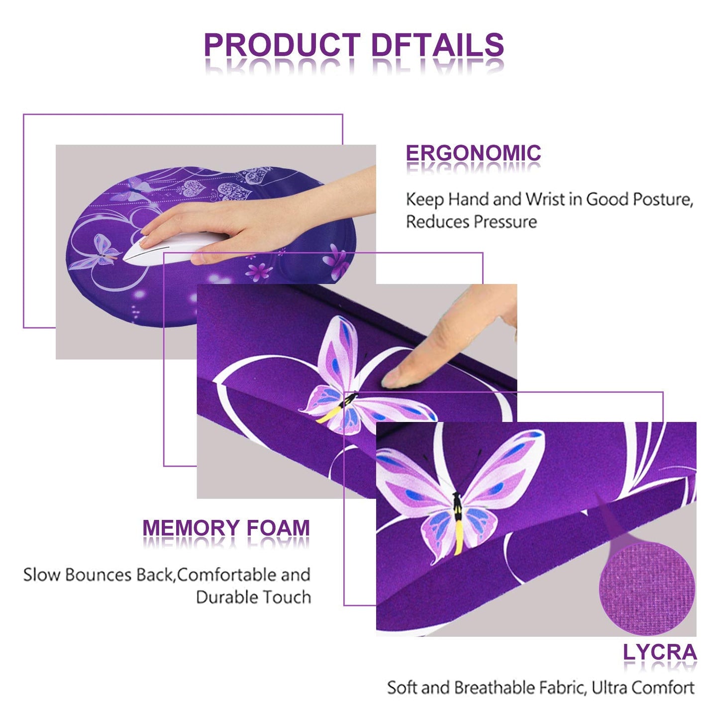 ArtSo Upgraded Wrist Rest Support for Mouse Pad & Keyboard, Ergonomic Gel Mousepad Non-Slip Rubber Base Home,Office Pain Relief, Easy Typing Cushion Neoprene, Soft Memory Foam, Purple Heart Butterfly