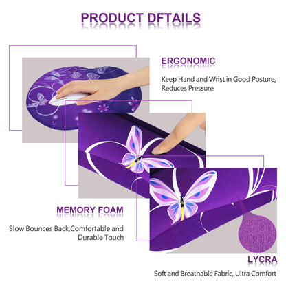 ArtSo Upgraded Wrist Rest Support for Mouse Pad & Keyboard, Ergonomic Gel Mousepad Non-Slip Rubber Base Home,Office Pain Relief, Easy Typing Cushion Neoprene, Soft Memory Foam, Purple Heart Butterfly