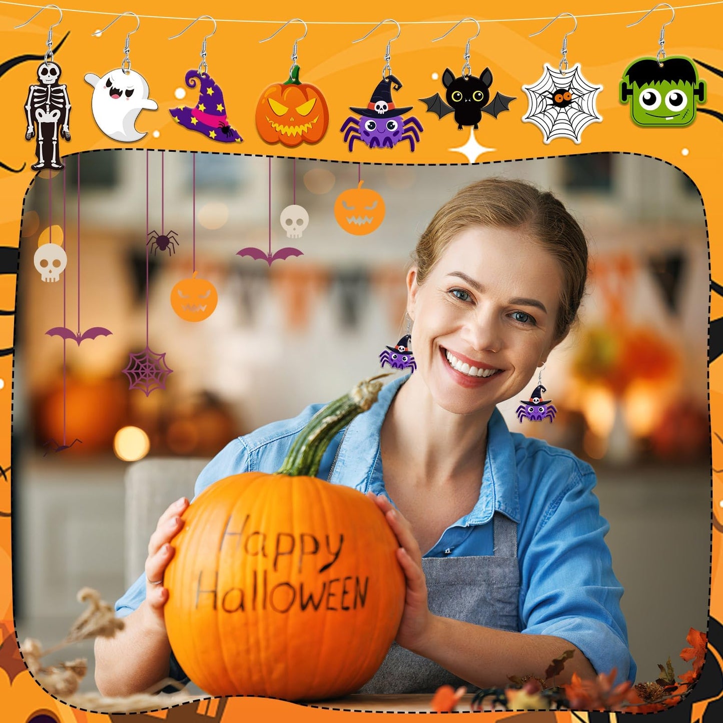 AUGSUN 8 Pairs Halloween Acrylic Earrings for Women Pumpkin Spider Black Cat Ghost Boo Witch Hat Spooky Earrings Jewelry Lightweight Leaf Dangle Teardrop Earrings