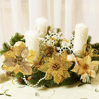 Winlyn 26 Set 3 Style Christmas Gold Glitter Poinsettia Flowers Picks Xmas Tree Ornaments and 20 Yards Decorative Gold Glittered Wired Ribbon for Christmas Tree Wreaths Garland Holiday Décor
