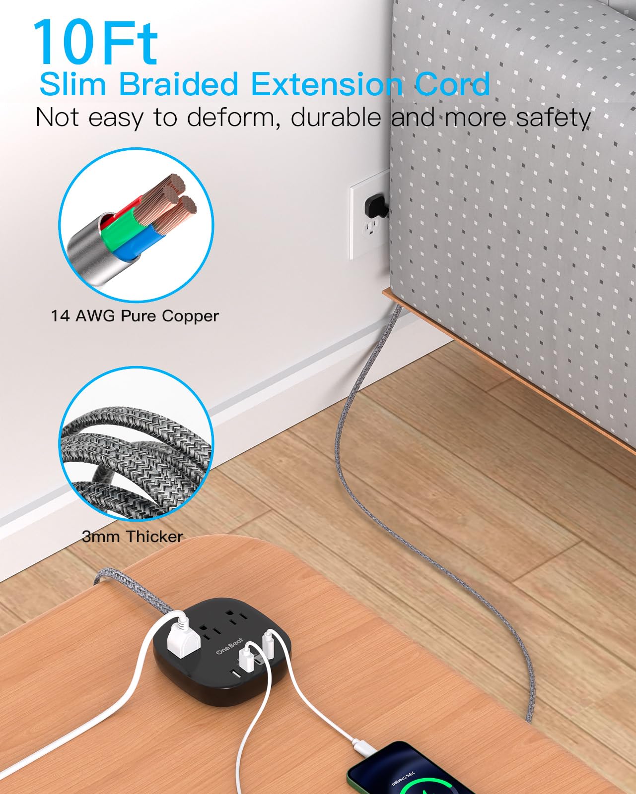 Flat Plug Power Strip, 6ft Ultra Flat Extension Cord - 3 Outlets 4 USB Ports (2 USB C) 22.5W/4.5A Desktop Charging Station, Power Strip No Surge Protection for Cruise Ship, Dorm Room Travel Essentials