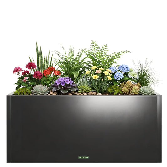 WIZWERK Rustproof Metal Planter Box 32 Inch Outdoor, Galvanized Steel Raised Garden Bed with Drainage Holes, Large Deep Rectangular Planter for Patio Balcony Porch Backyard