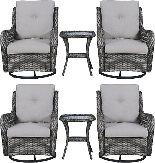 Rilyson Wicker Rocking Chair Swivel Chairs – 6 Piece Rocker Patio Furniture Set Rattan Rocking Bistro Sets with Glass Top Side Table for Outdoor Porch Deck Garden Backyard(Mixed Grey/Grey)