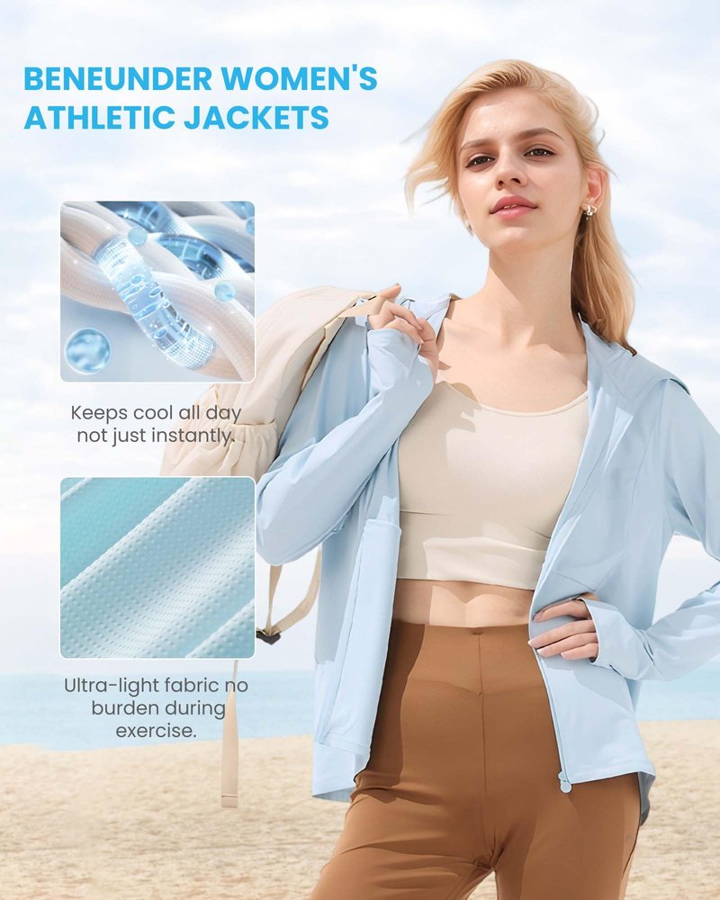 BENEUNDER Cooling Women's UPF 50+ Sun Protection Lightweight Hoodie Jacket Long Sleeve Active Sun Shirts for Outdoor Workout Camel