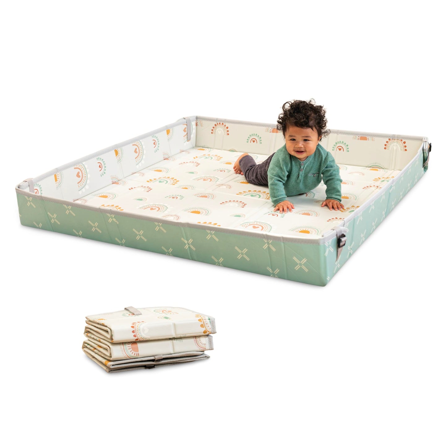 Infantino Foldable Soft Foam Play Mat, Reversible 57x57” Baby Mat for Floor Time, Lightweight, Portable & Easy to Store, Water Resistant, Wipeable, Rainbows