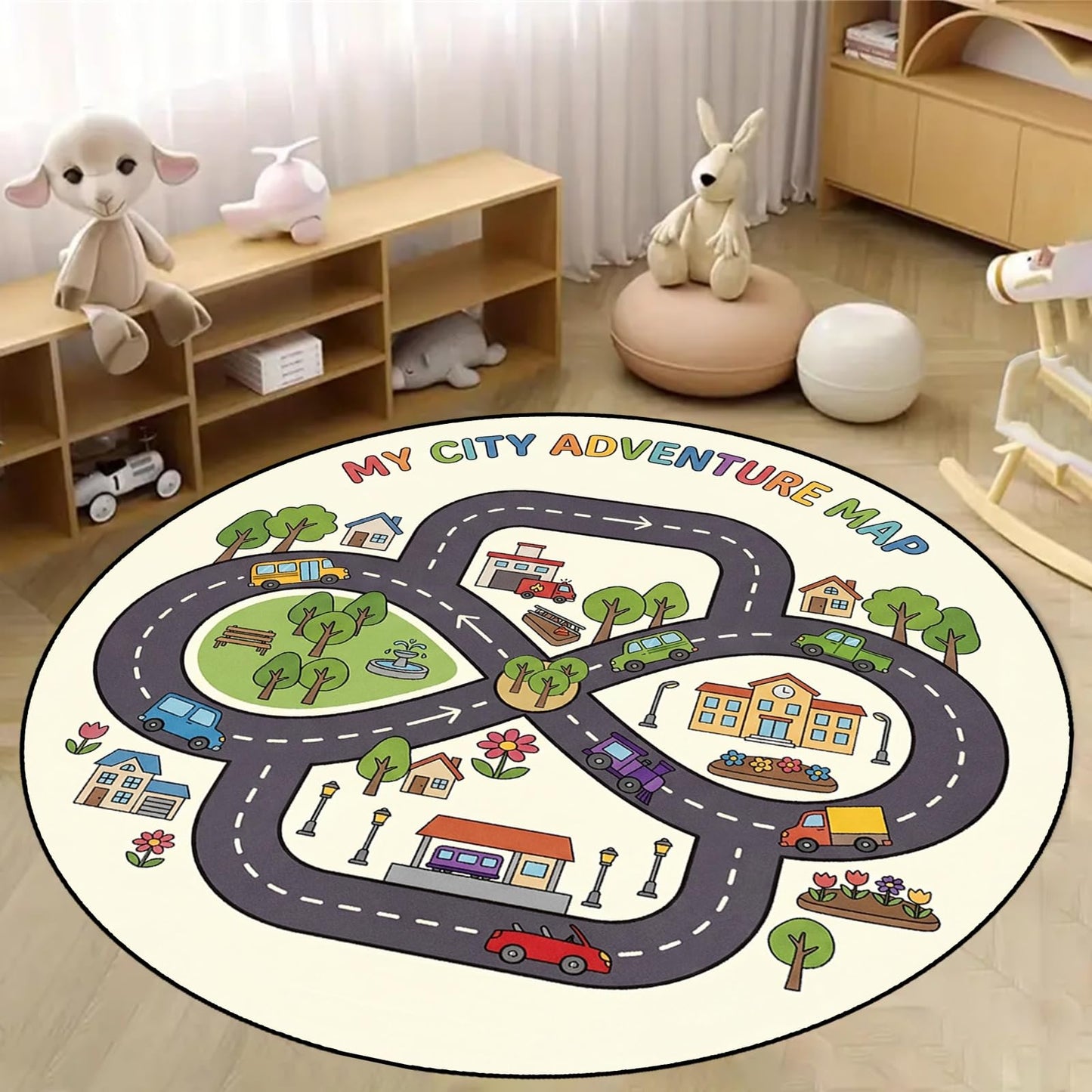 CRJMKS Round Car Rug Play Mats for Kids,3ft,City Road Map Round Children's Rug for Boy's Bedroom Playroom Nursery Preschool Education Circle Rugs Low-Pile with Rubber Backing